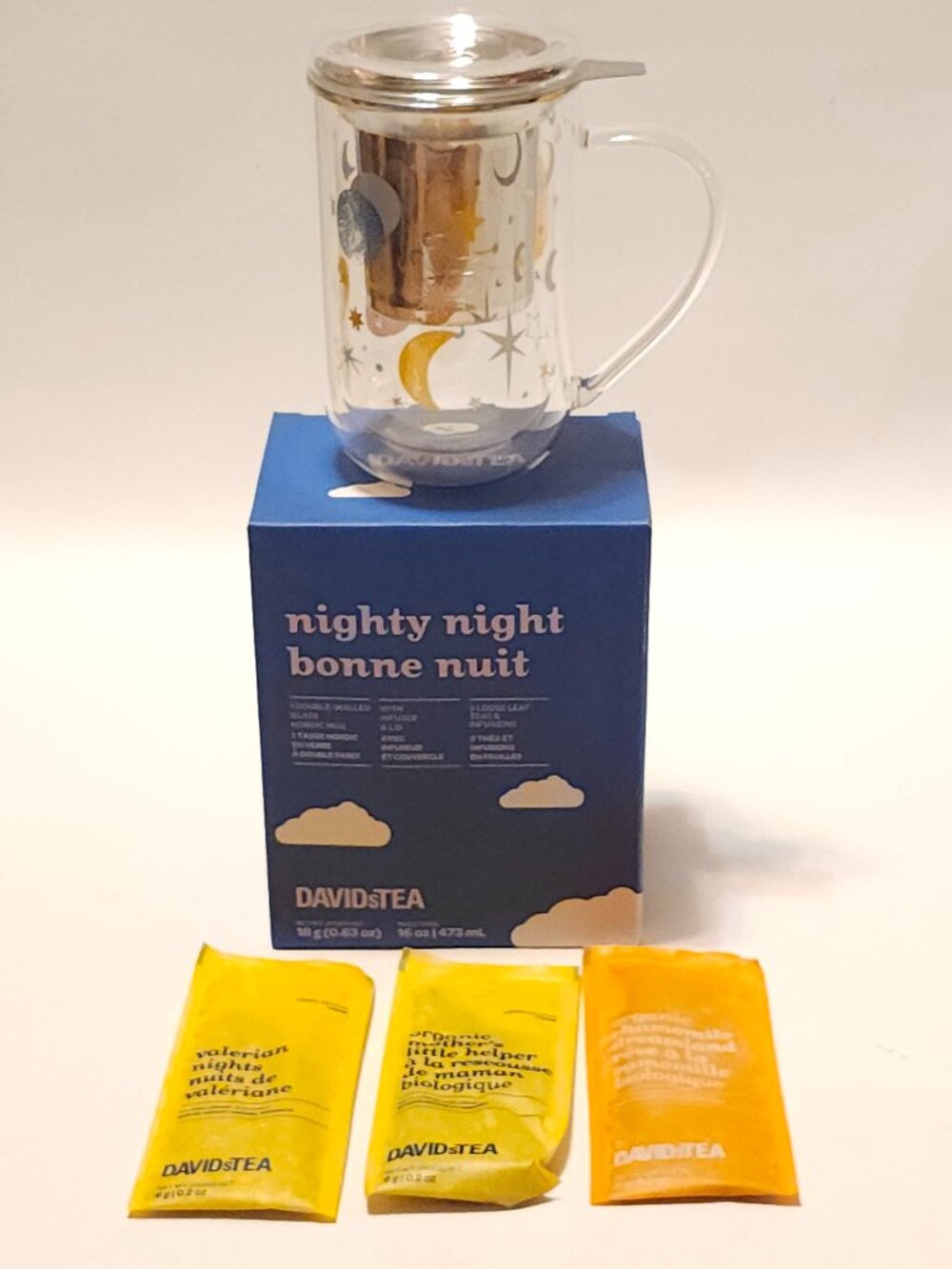 RARE DAVIDsTEA Celestial Glass Nordic Mug w/infuser "nighty night / bonne nuit"